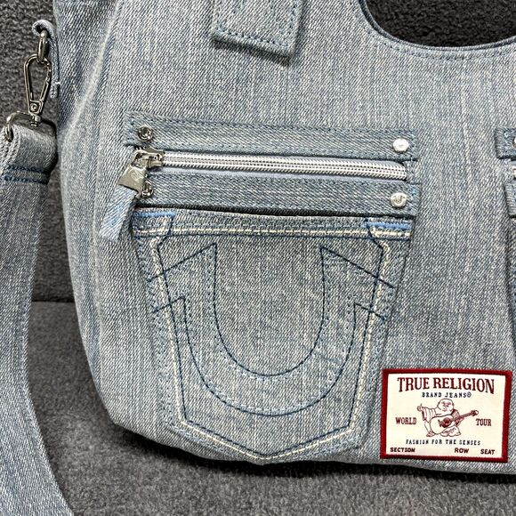 TRUE RELIGION Denim Pocket Horseshoe Logo Shoulder Crossbody Bag Light Blue - Picture 4 of 14